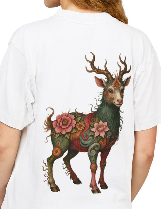 Floral Mythic Goat Print T-Shirt Kadın