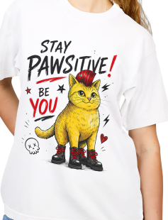 Stay Pawsitive Punk Cat T-Shirt - Kadın